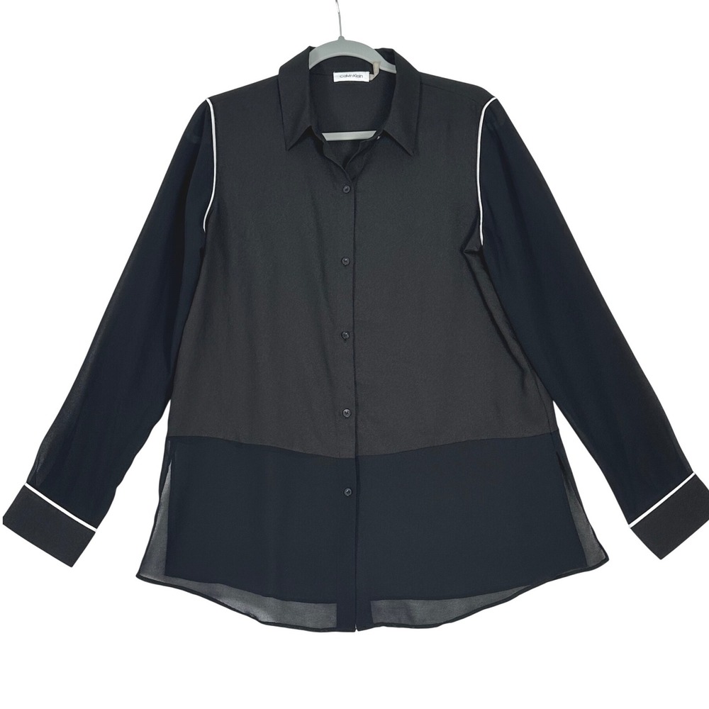 Calvin Klein Blouse Womens L Black Sheer Chiffon Button Up Minimalist Workwear - Picture 2 of 8
